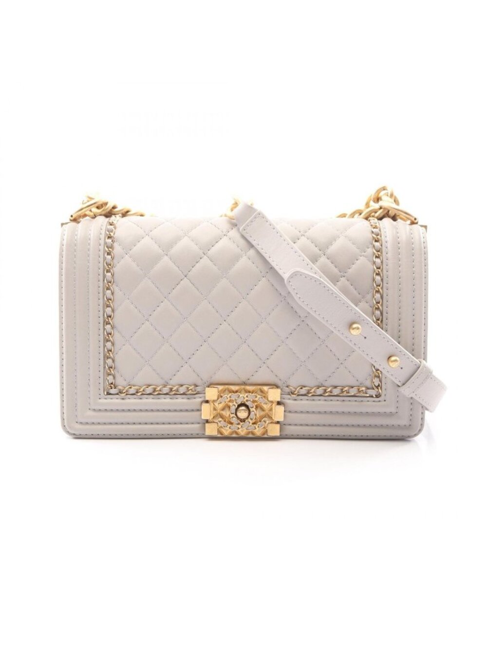 Chanel Shoulder Bag Boy Light Gray Lambskin Boy 19 Chain
